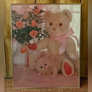 Vintage Teddy Bear & Kitten 16”x20” framed photo